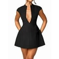 thumbnail image 3 of Women'S Summer Sexy- Cap Sleeve Deep V Neck Zipper A-Line Mini Dress Hollow Bodycon Night Out Party Dress Black L, 3 of 7