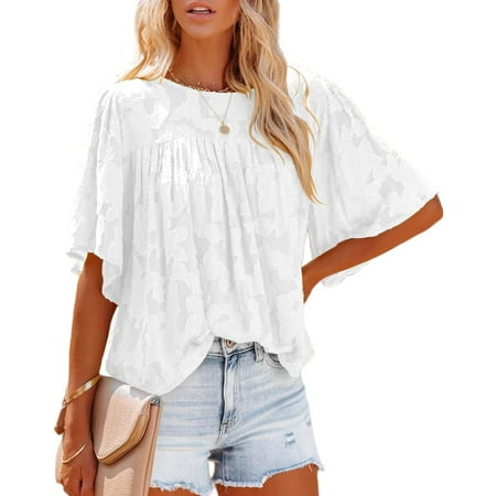 Womens 3/4 Bell Sleeve Blouse Summer Crewneck Lace Tops Floral Textured Babydoll Shirts