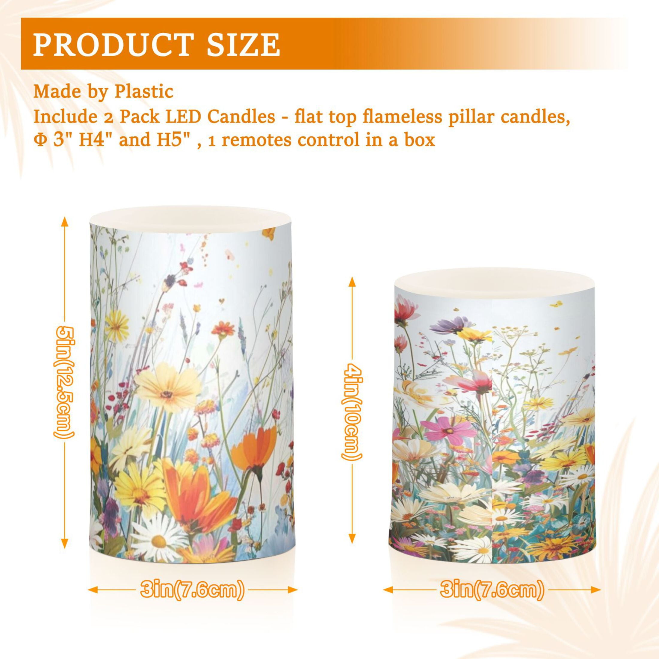 Spring Flower Flickering Flameless Candles Battery Operated with Remote Timer LED Pillar Candles Set of 2