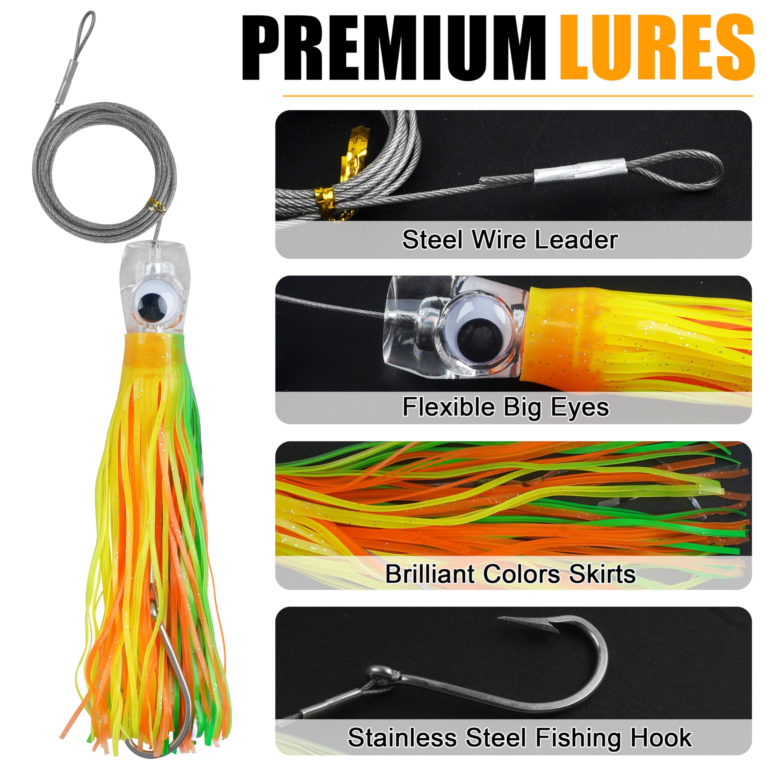 6pcs Trolling Lure Saltwater, 9inch Squid Skirted Deep Sea Fishing Lure Kit Wire Rigged Tuna Marlin Wahoo Shark Mahi Trolling Fishing Lures with Mesh Bag