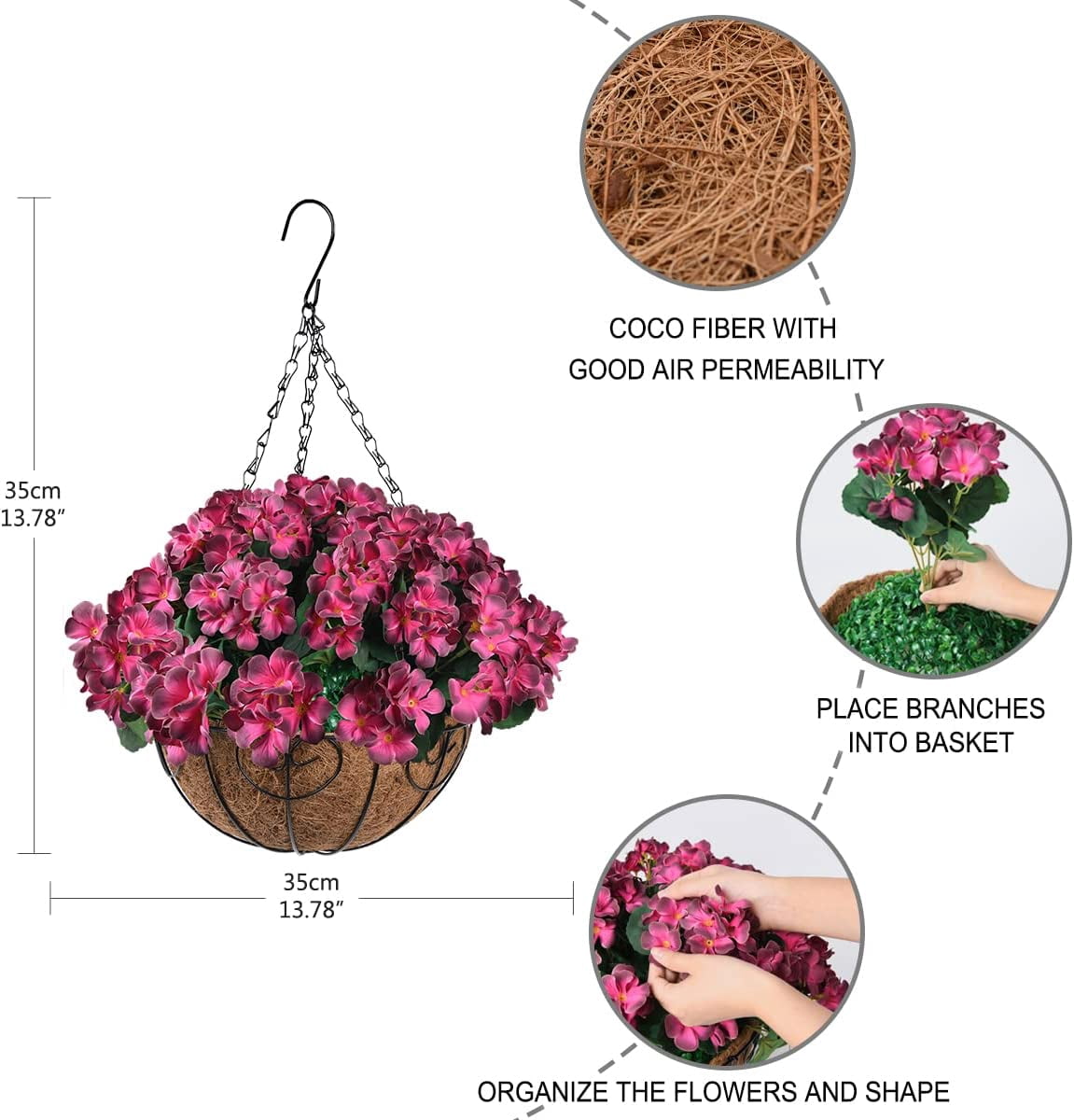 Artificial Flowers Hanging Basket for Outdoor Indoor Decor,Faux Silk Flower Arrangement,10 Branches Geranium with 12 Inch Coconut Lining Chain for Patio Decoration(Purple Orange)