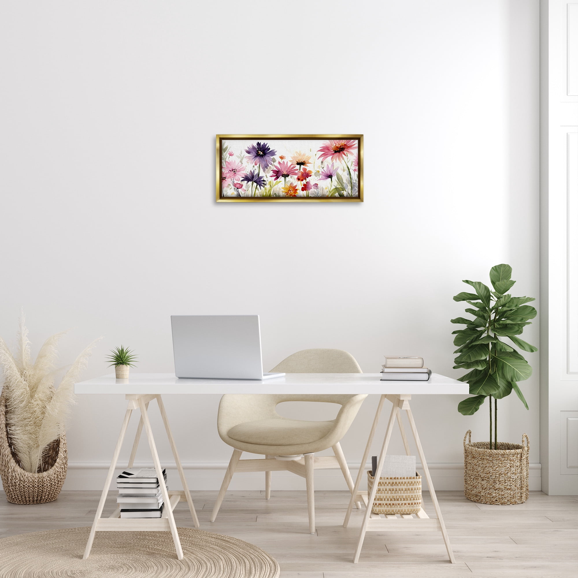 Stupell Industries Pink & Purple Blossoms Botanical & Floral Painting Gold Floater Framed Canvas Art Print Wall Art, 25 x 11