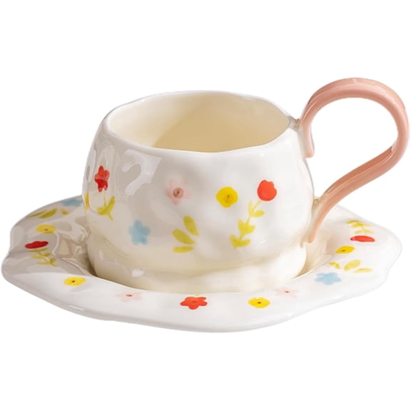 Ceramic Coffee Mug and Saucer Set with Flower Design, 260ml Porcelain Tea Cup for Women, Floral Latte Mug for Home, Office, Gift (Pink)