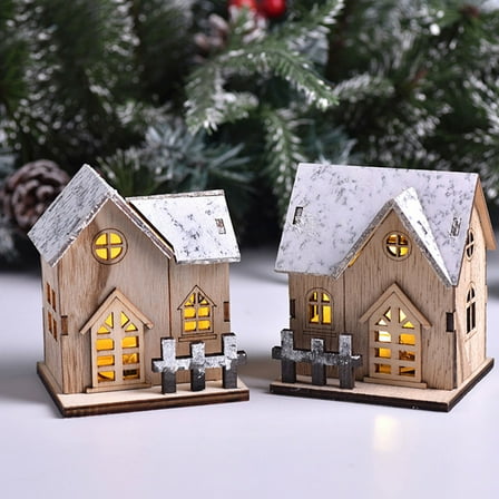 FONDOTIN 2Pcs Xmas Village Houses Christmas Luminous Wood Small House Light Brown Festival Atmosphere