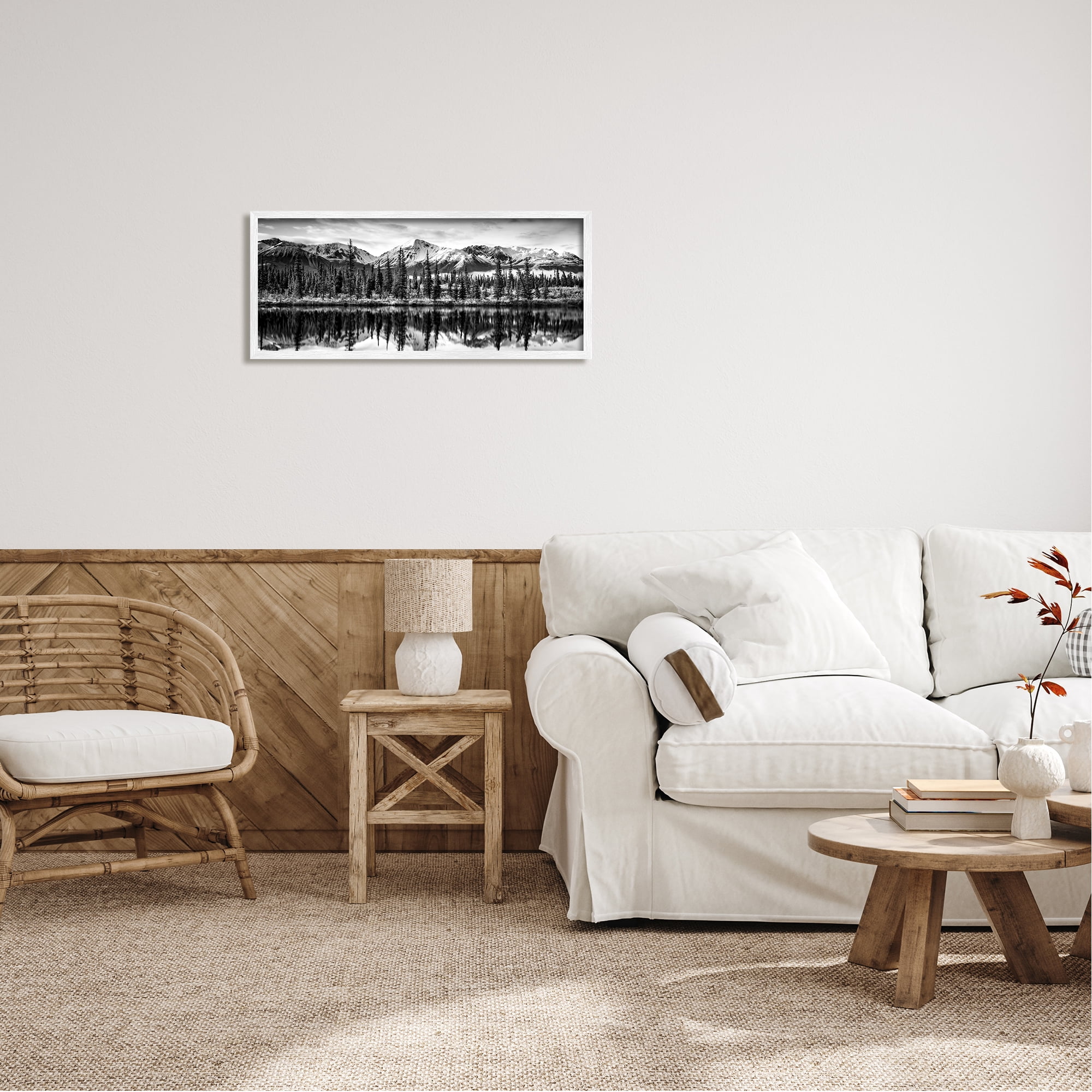 Stupell Industries Monochrome Lake Reflection Landscape Photography White Framed Art Print Wall Art, 30 x 13