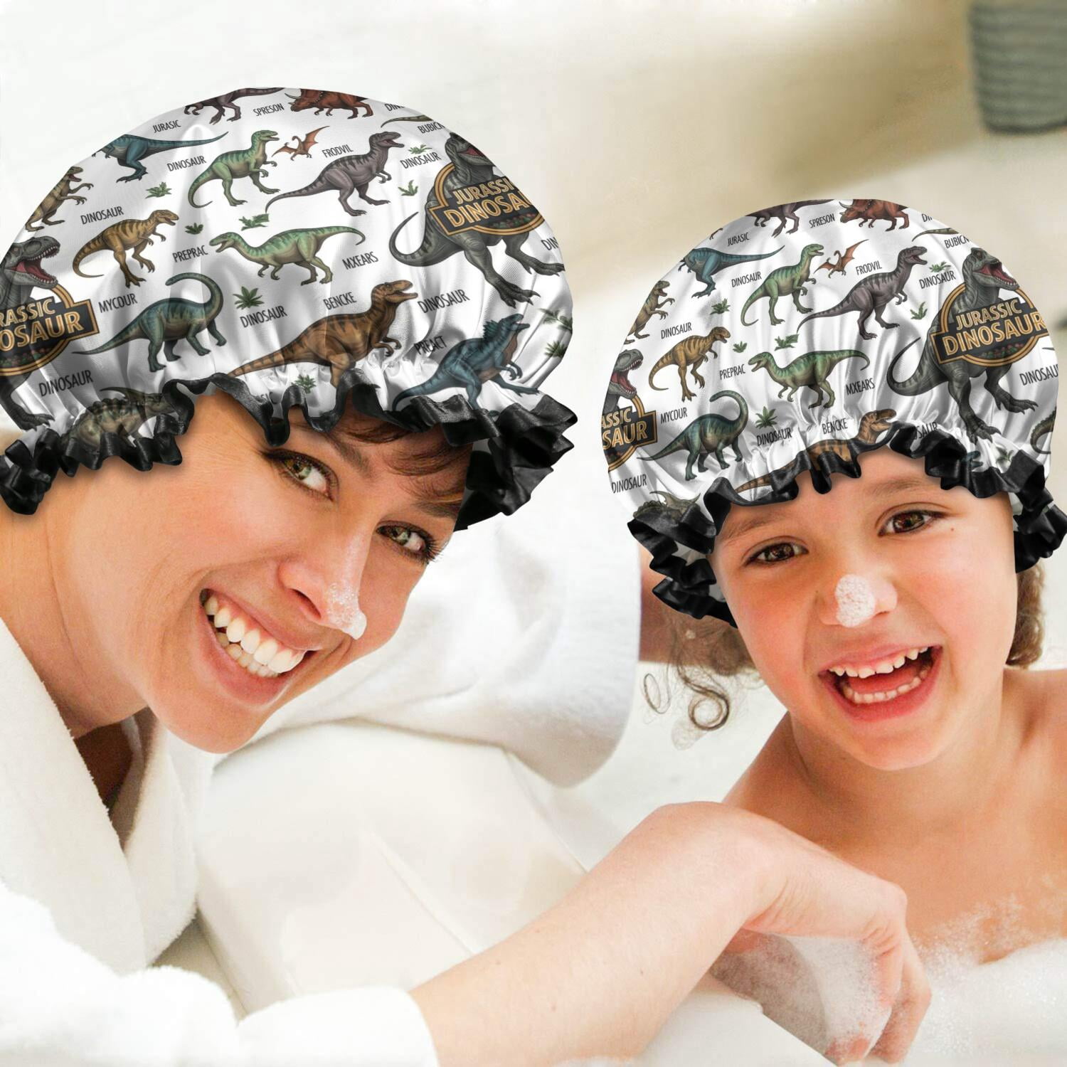 Shower Caps,White Dinosaurs Label Pattern Waterproof Shower Cap for Women 4 Pieces,Double Reusable Hair Cover for Shower PEVA Elastic Stretch Hem
