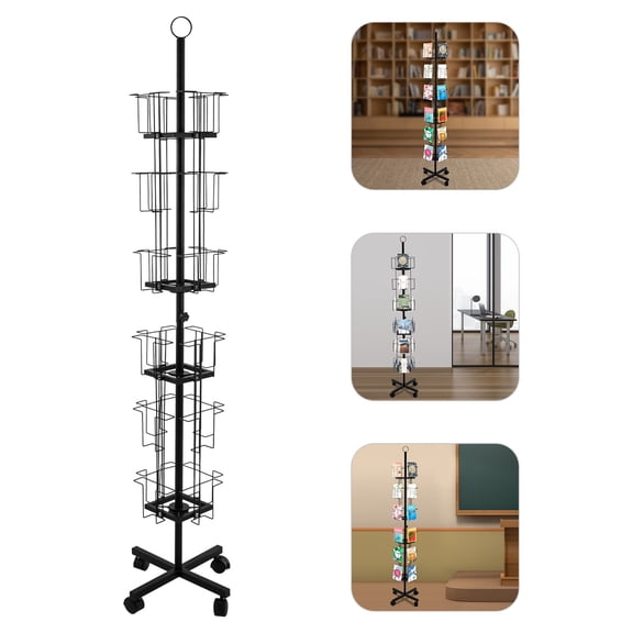6-Tier 24-Pocket Black Iron Card Display Stand - 360° Rotatable Rack for Office & Mall