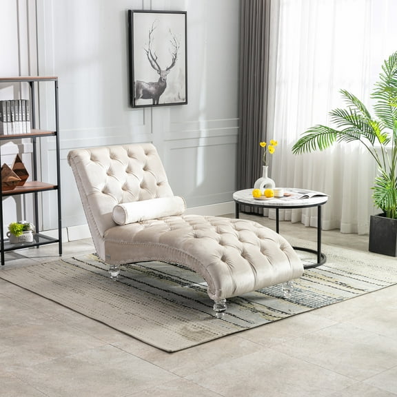Recliners and Massage Chairs COOMORE Velvet Chaise Lounge Indoor,Button-Tufted Upholstered Chaise Lounge Chair with Pillow for Bedroom Living Room Office (Beige Velvet),Massage Recliners