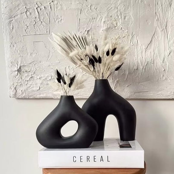 Black Ceramic Vase Set of 2 for Modern Minimalist Bohemian Decor，Round Matte Donut Vases for Pampas Grass-Perfect for Living Room, Dining Table, Office Bedroom Shelf Decor Entryway, Console