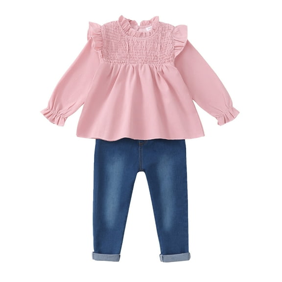 7Y Big Girls Clothes 8Y Girls 2PCS Fall Winter Denim Outfits Set Big Girls Ruffle Long Sleeve Top Denim Pants Set Pink