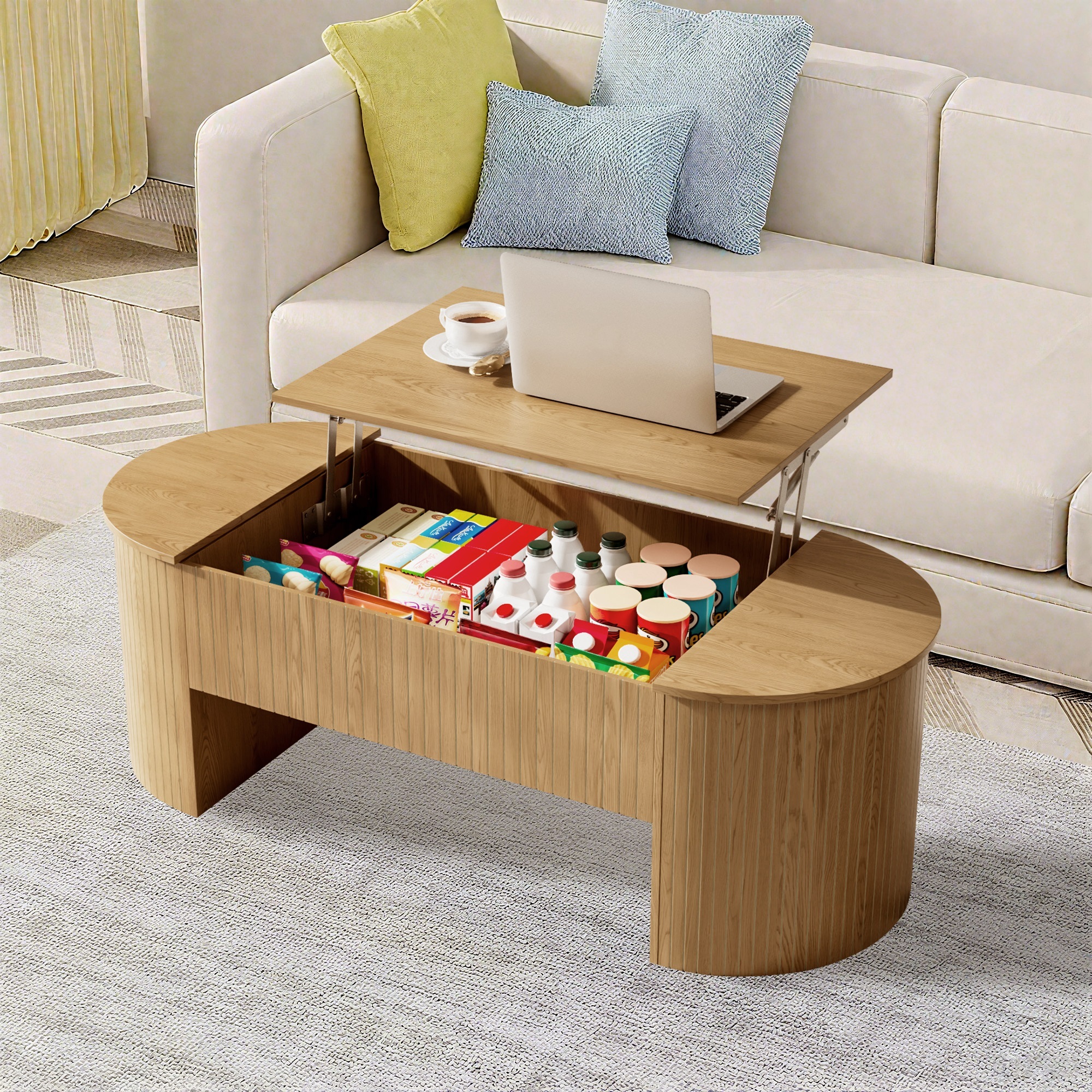 Lift Top Coffee Table with Storage, Oval Center Table with Hidden Compartment, Modern Coffee Table for Living Room, Wood