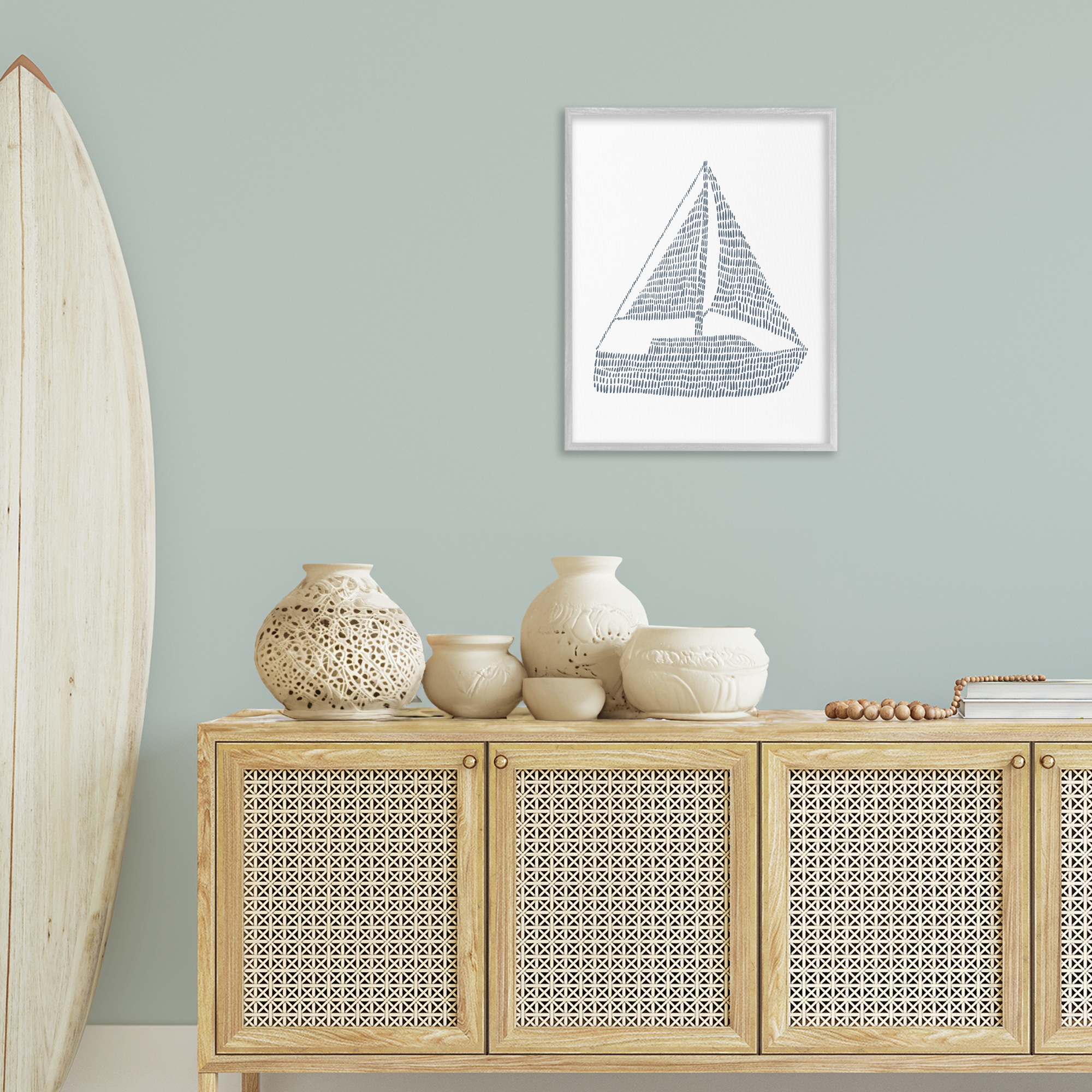 Stupell Industries Minimal Boat on White Coastal Painting Gray Framed Art Print Wall Art, 24 x 30