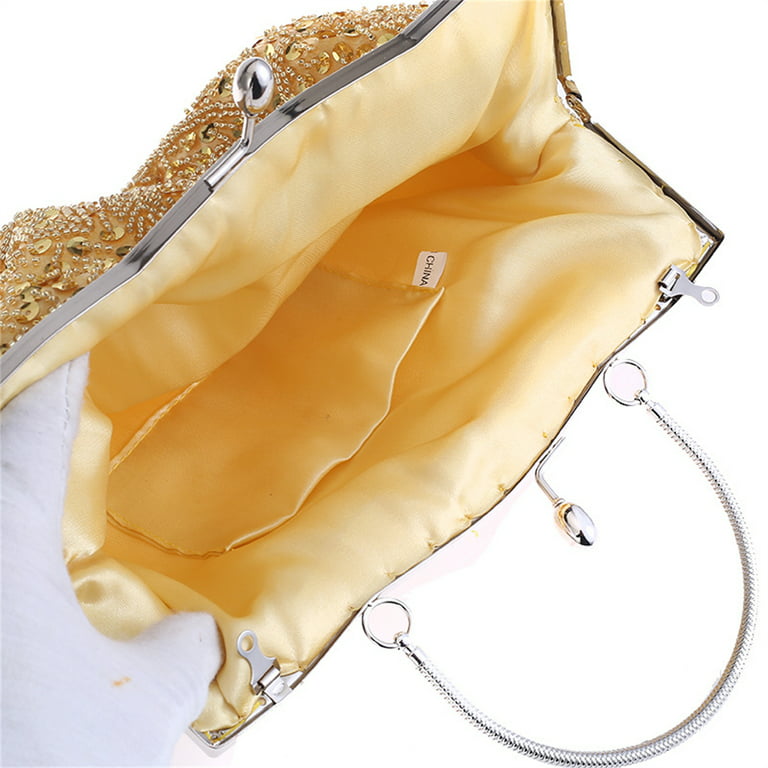 Women Evening Clutch Bag Wedding Golden Sequins Clutch Purse Chain