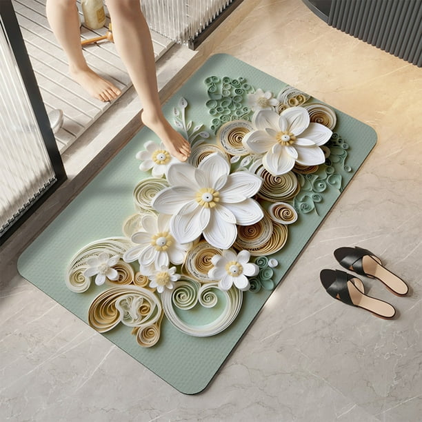 Alfombrilla de Baño de Diatomita | Alfombrilla de Microfibra Suave, Antideslizante y de Secado Rápido, 40 X 60 Cm | Alfombra de Baño Absorbente y Lavable con Reverso de Tpr | Diseño Floral 3D Multico