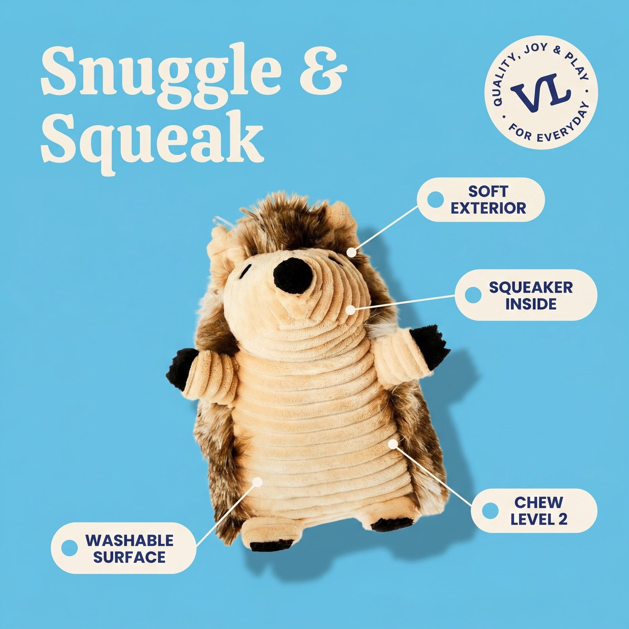 (4 pack) Vibrant Life Brown Hedgehog Plush Dog Toy with Squeaker, Chew Level 2