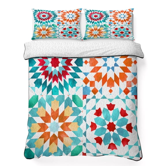Boho 3 Piece Quilt Bedding Set with 2 Pillow Shams, Colorful Abstract Lightweight Bedspread Coverlet, Soft Breathable All Season Quilt, 68 x 86 Inch