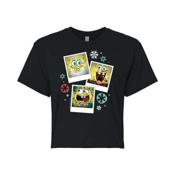 SpongeBob SquarePants - Christmas Photo Collage - Juniors Cropped Cotton Blend T-Shirt