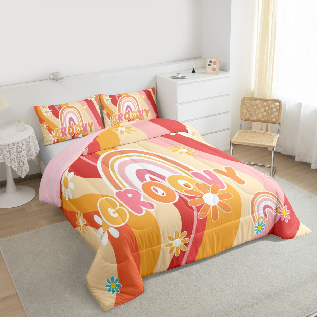 Feelyou Orange Groovy Flower Bedding Comforter Set, Cartoon Rustic Daisy Twin Comforter Sets, Kawaii Rainbow Print Reversible Bedding Set, Ultra Soft Bedroom Decor, 2 Pieces