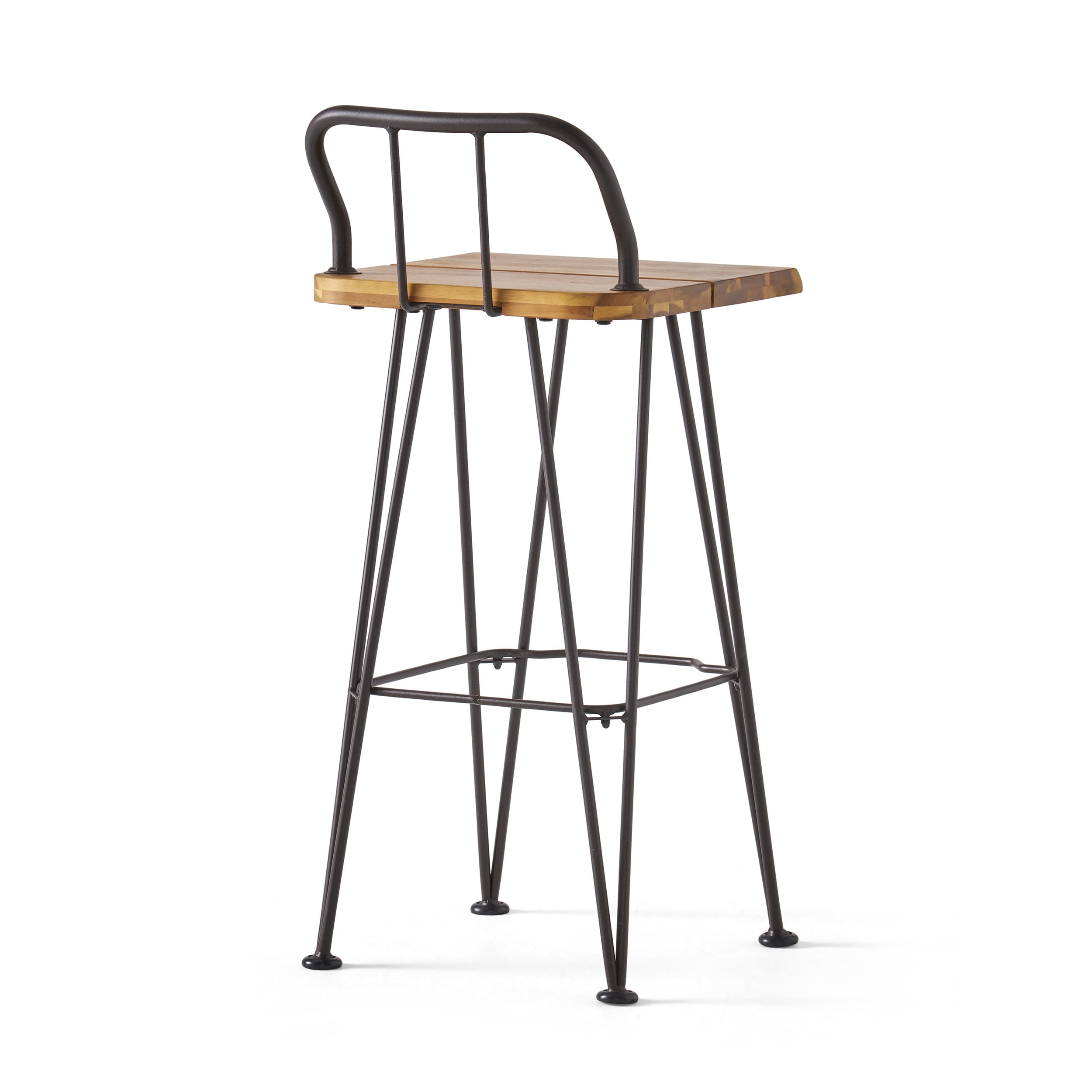 Outdoor Industrial Style Bar Stool Set of 2, Wood and Metal Combined Height Seats for Patio Bar, Teak and Black