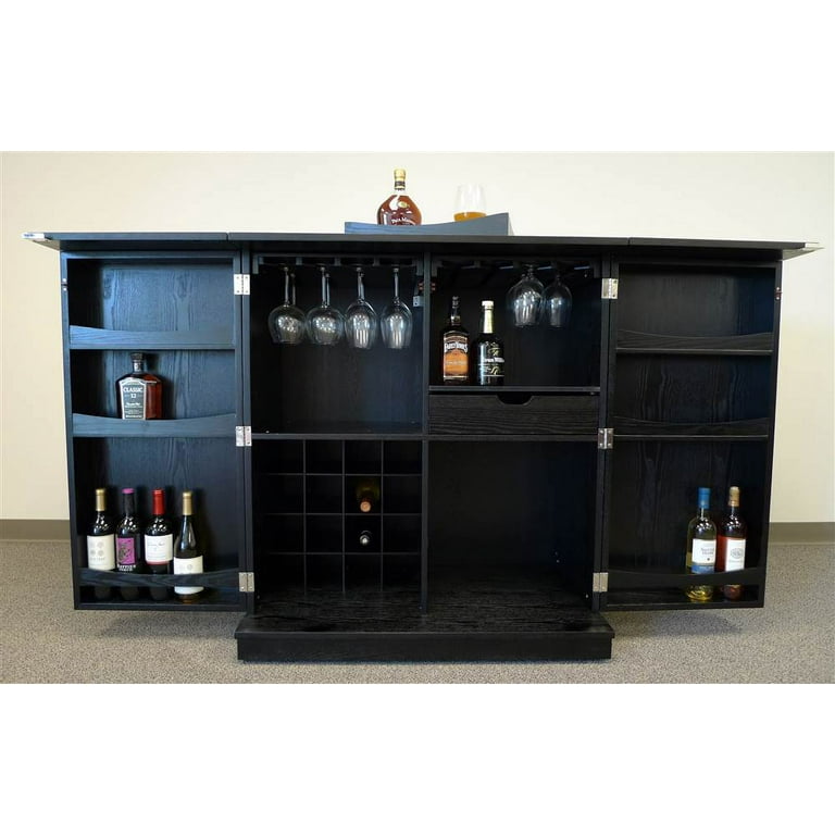 Proman Products California Fold A Way Bar Wood Veneer in Black with Bar Top Extendable and Cabinet Movable
