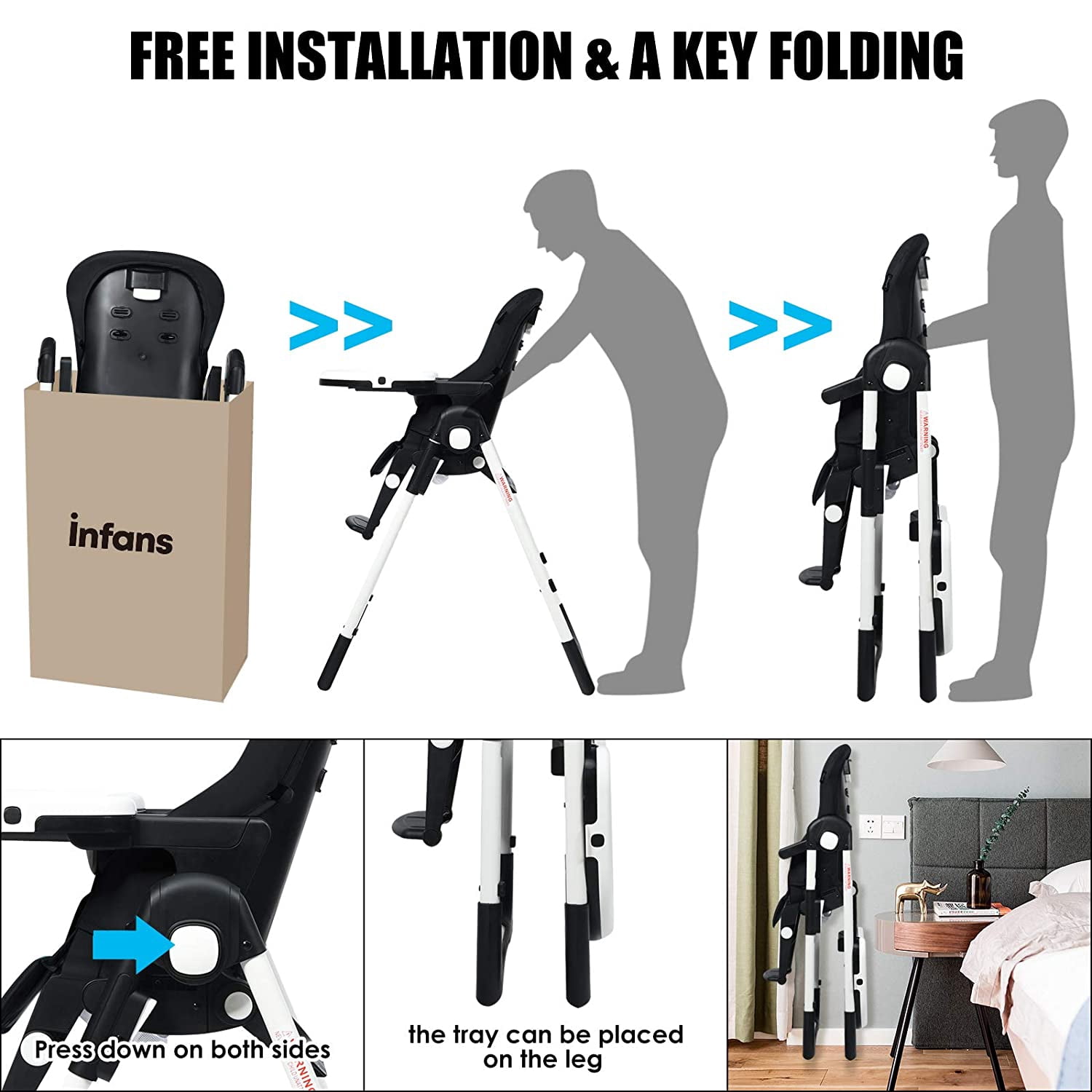 INFANS 4 in 1 High Chair–Booster Seat, Convertible Highchair w/Adjustable Height, Removable Tray, Detachable Cushion, Installation-Free, Simple Fold for Baby, Infant & Toddler, Black