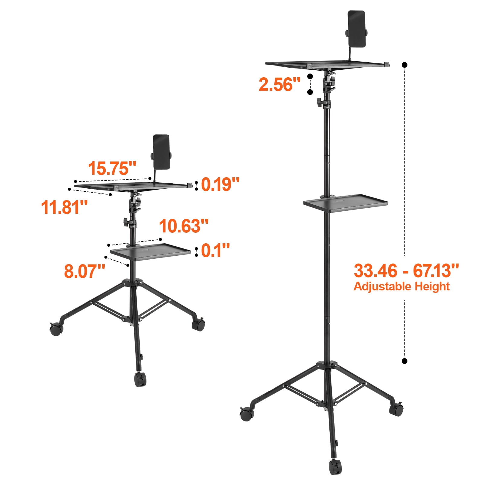 VEVOR Projector Stand with Wheels, Laptop Stand Tripod Adjustable Height from 31.3 to 67.3", Projector Tripod Stand with 2 Trays & Gooseneck Phone Holder, for Outdoor Movies, Home, Office or Studio