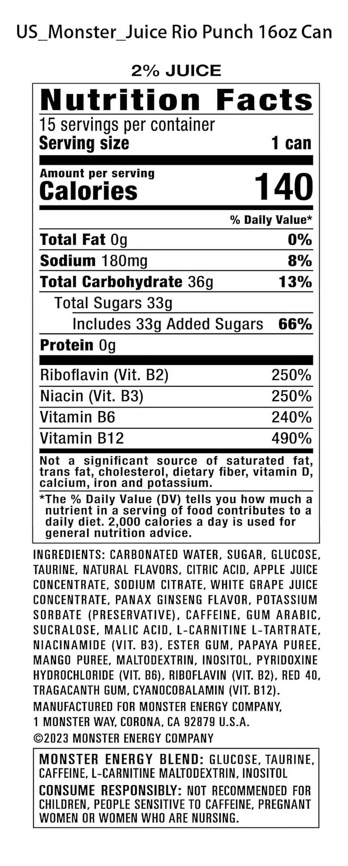 Monster Energy Juice Rio Punch, Energy + Juice, Energy Drink, 16 Ounce (Pack of 16)