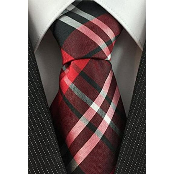 Men's Necktie Red Black and White Woven Plaid Pattern Classic Tie-Men's Neck Ties - Mens Dress Tie - Trendy Mens Ties