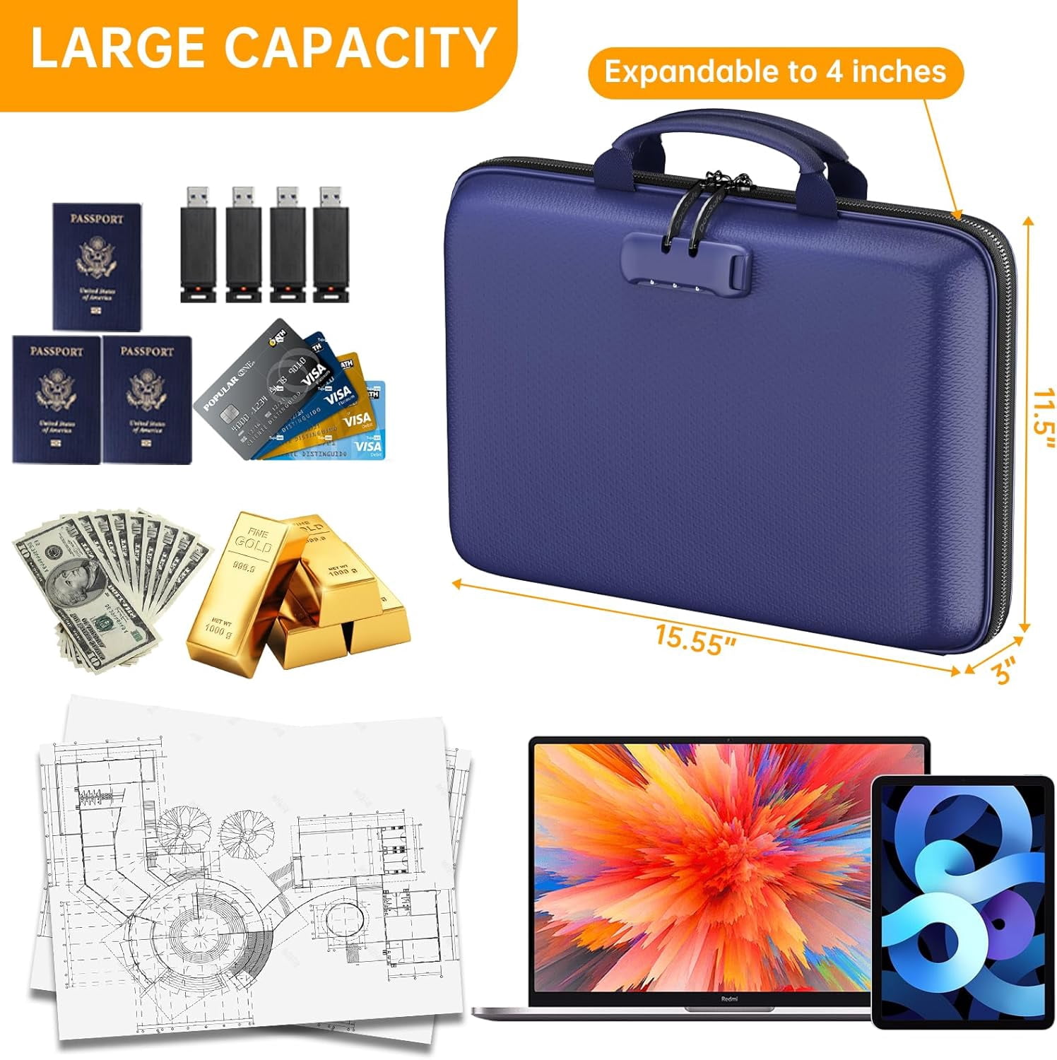 Fireproof File Organizer with Lock, Hard-Shell Case Fireproof Document Box with 13 Pocket Accordion File Folder, Portable Home Office Travel Safe Storage for Important Documents Laptop Blue
