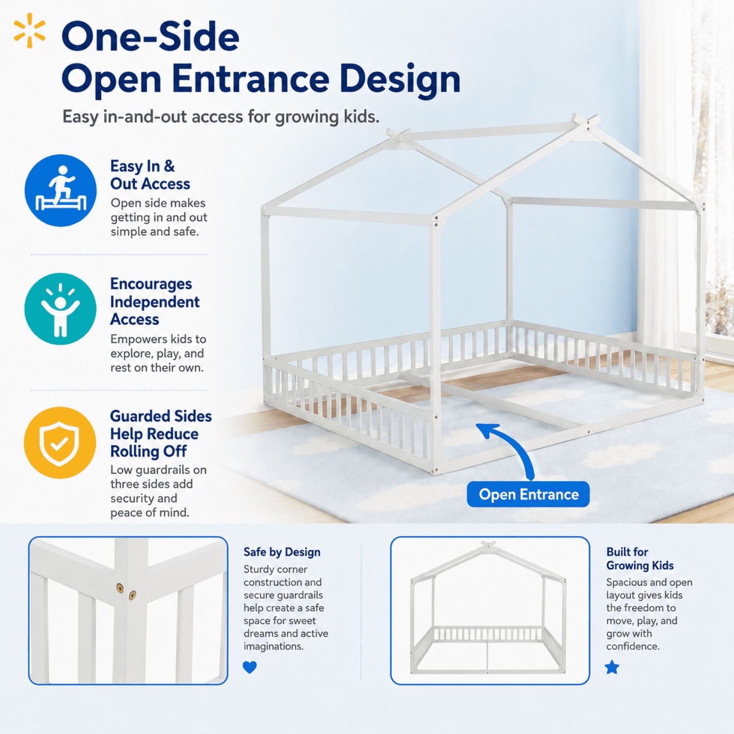 Miniyam Double Twin Floor Bed for Kids, House Bed with Guardrails and Open Entrance, White