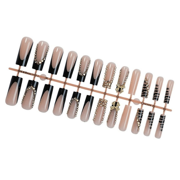 24 Pcs Black French Tip On Nails Glittering False Nails Long Coffin Press On Nails Rhinestones Artificial Nails