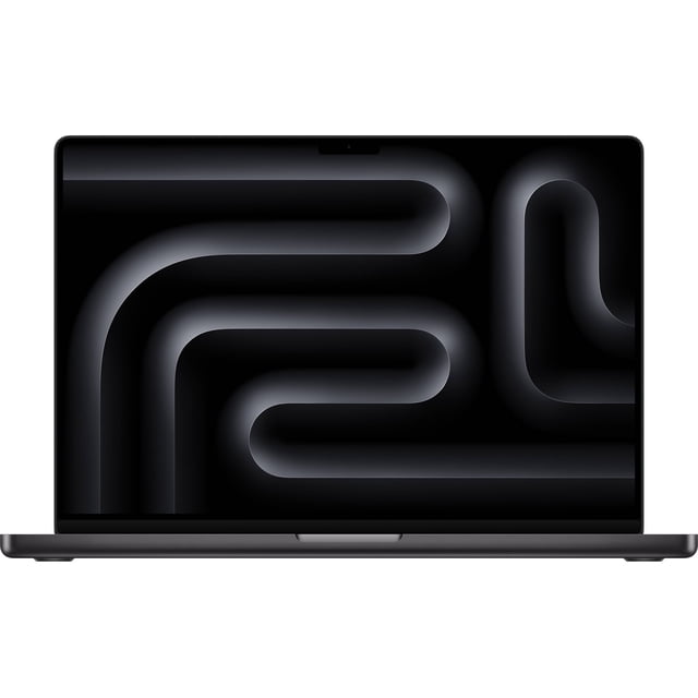 portátil apple macbook pro de 16 pulgadas - chip apple m4 pro diseñado para apple intelligence, vista frontal abierta en negro espacial con pantalla Liquid Retina XDR de 16.2 pulgadas, biseles delgados y teclado integrado; silueta metálica delgada, rendimiento para tareas exigentes según especificaciones y a menudo se usa para edición y compilación en movilidad.