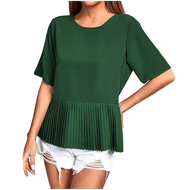mfyjkho Tops De Gimnasio Para Mujer, Camisa Plisada Informal De Manga Corta Con Cuello Redondo Y Dobladillo Plisado Para Mujer Tops De Gimnasio Para Mujer M