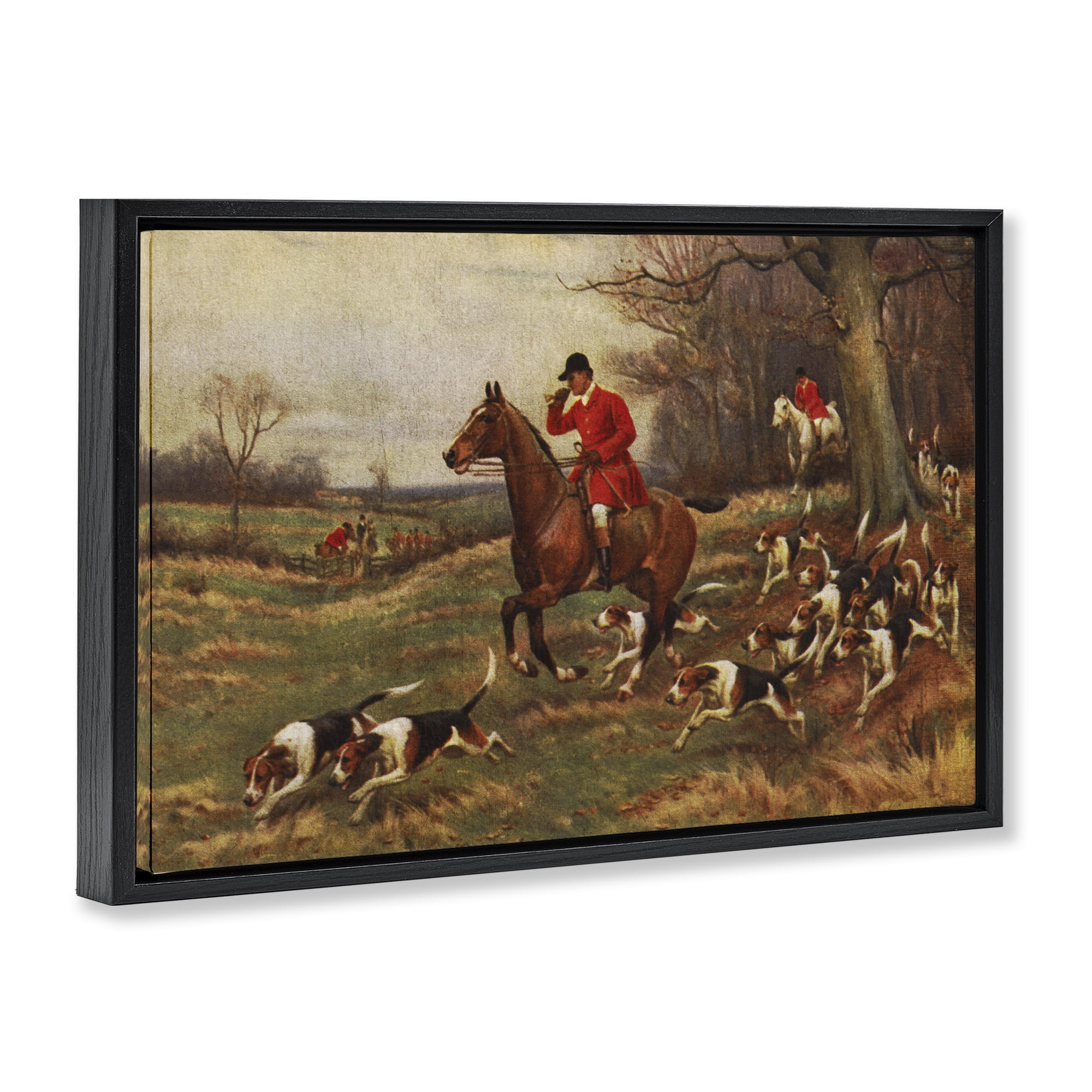 Stupell Industries Vintage Hunting Party Dogs People Painting Black Floater Framed Canvas Art Print Wall Art, 31 x 21