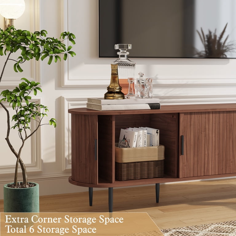 HLR Modern TV Stand with Sliding Doors, 75-Inch, Brown photo 5