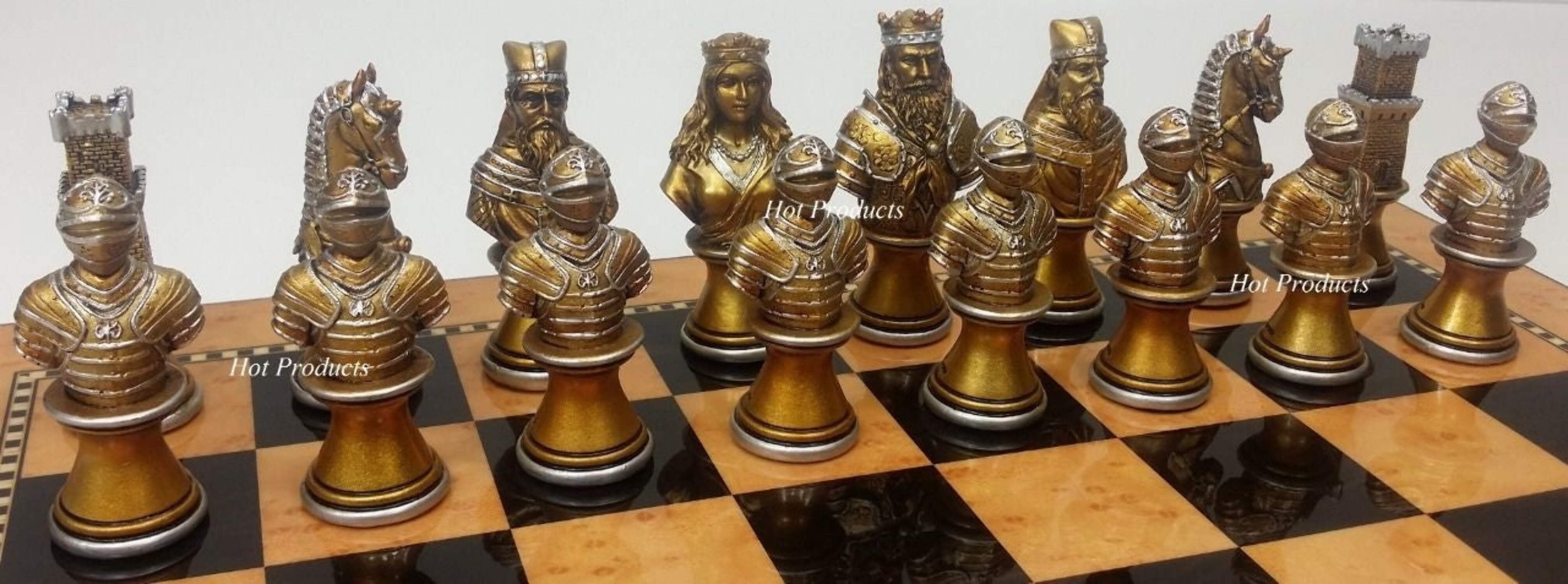 Medieval Times Crusades Busts GOLD SILVER Chess Set Walnut  Maple Color BD 15"