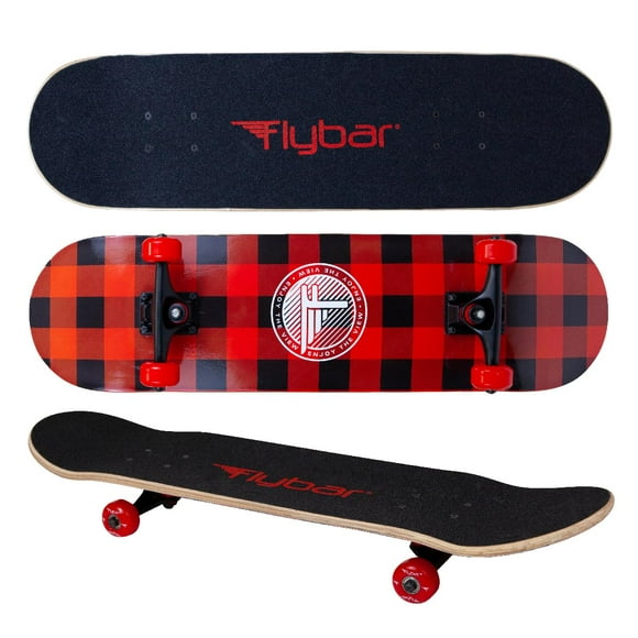 Flybar Complete Skateboard for Beginners - 31 Inch Kids Skateboard, 7 Ply Maple Wood Concave Double Kick Skateboard Deck, Lightweight, Non-Slip, for Boys and Girls, Ages 6 and Up Red Plaid