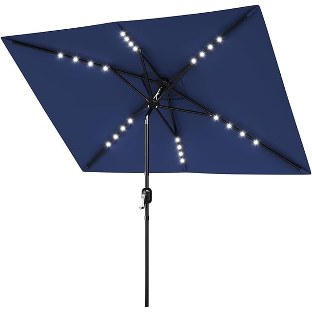 YUSAZENS 6.5x10FT Rectangular Patio Umbrella, Iron Frame, Polyester Fabric, Solar LED Lights, Garden Shade Blue