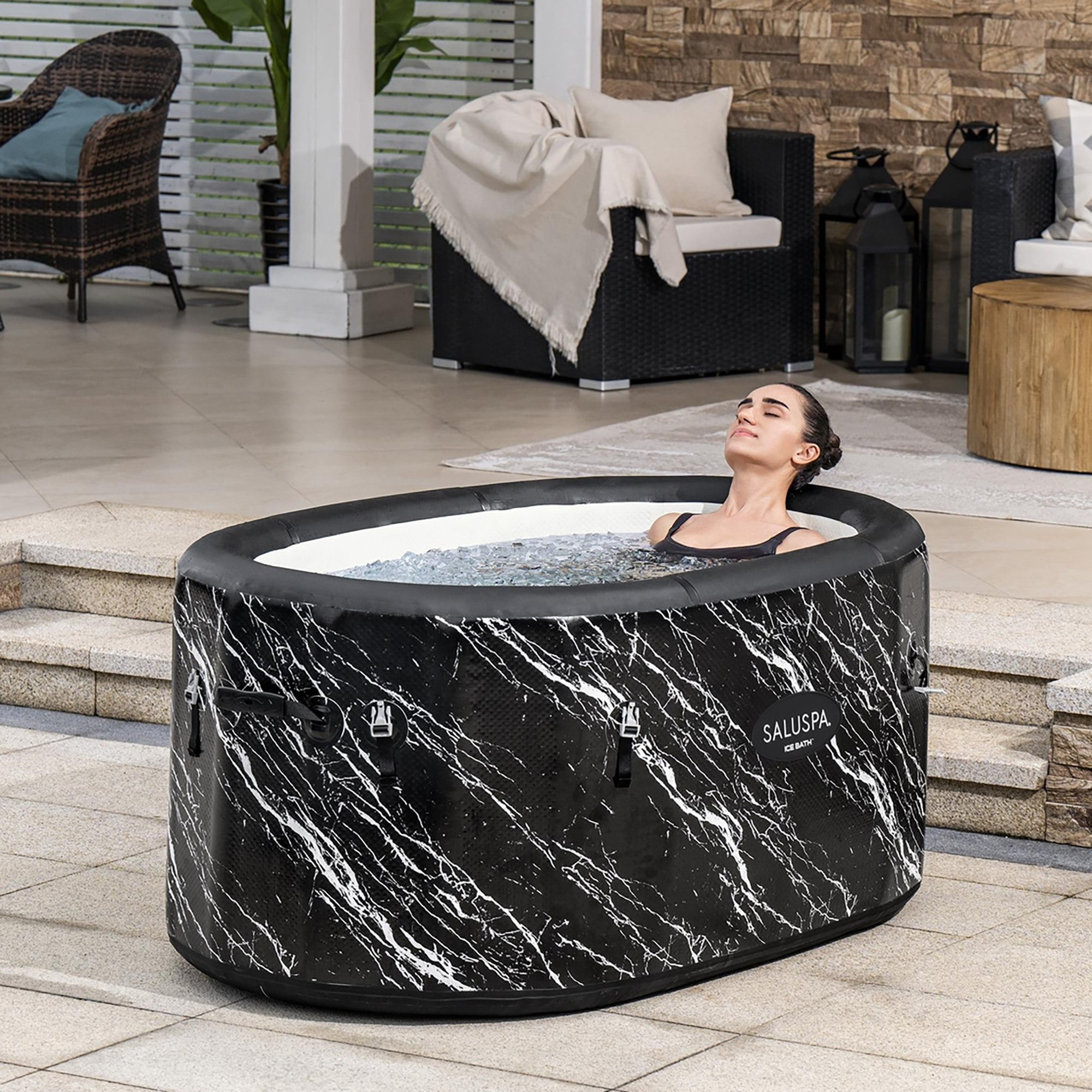 SaluSpa: Glacial Dip - Cold Plunge Inflatable Tub - 60x36x28", Black Marble, Ice Bath, FortiFiber, Polar Shield Year Round Use, Cover & Storage Bag