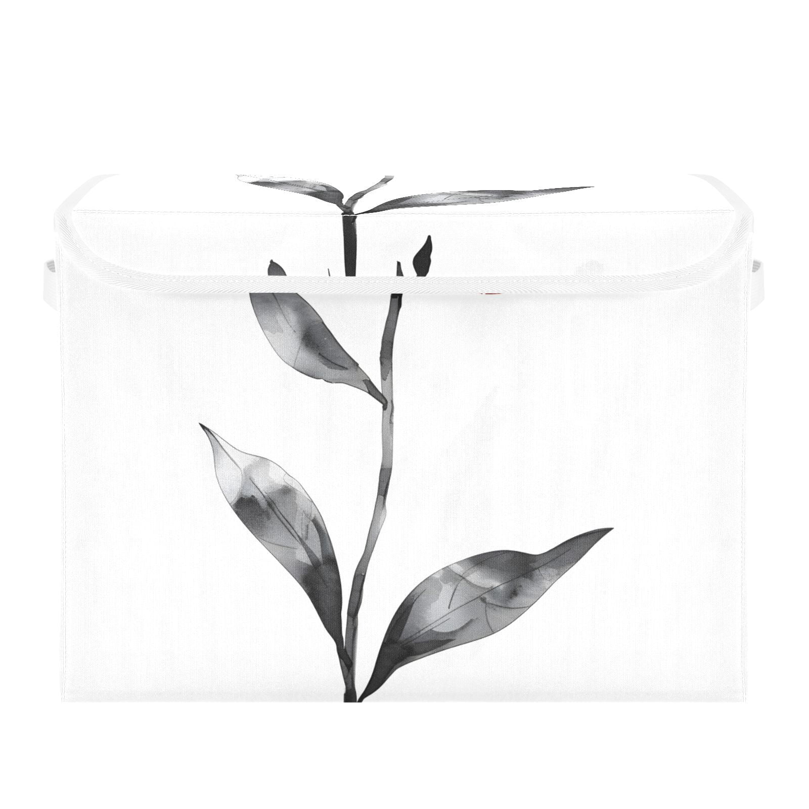 Red Flower Black Leaves Storage Basket for Shelves Foldable Container Organizer for Organizing Toys Clothes Books with Handles