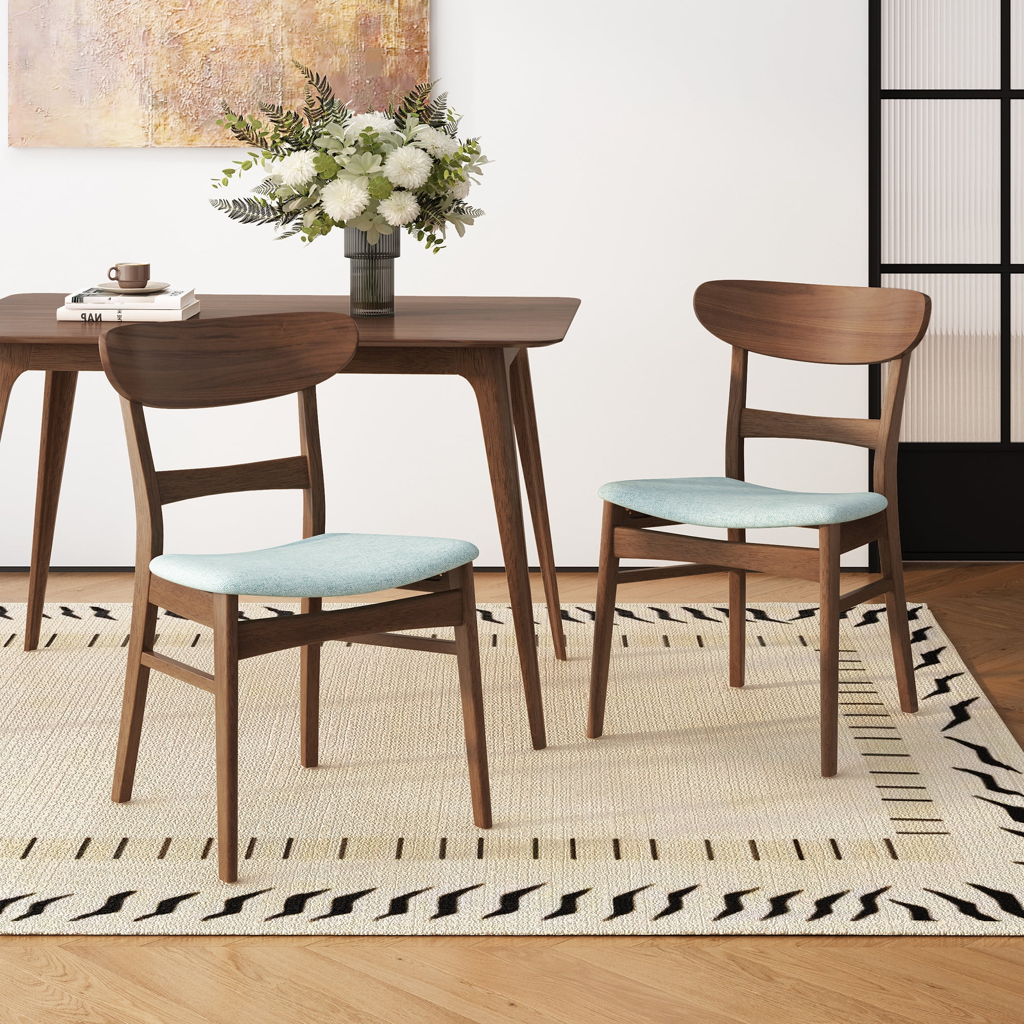Euroco Wooden Dining Chairs Set of 2, Mid Century Modern Upholstered Kitchen Side Chairs with Curved Backrest,Dining Room Chair for Home,Mint