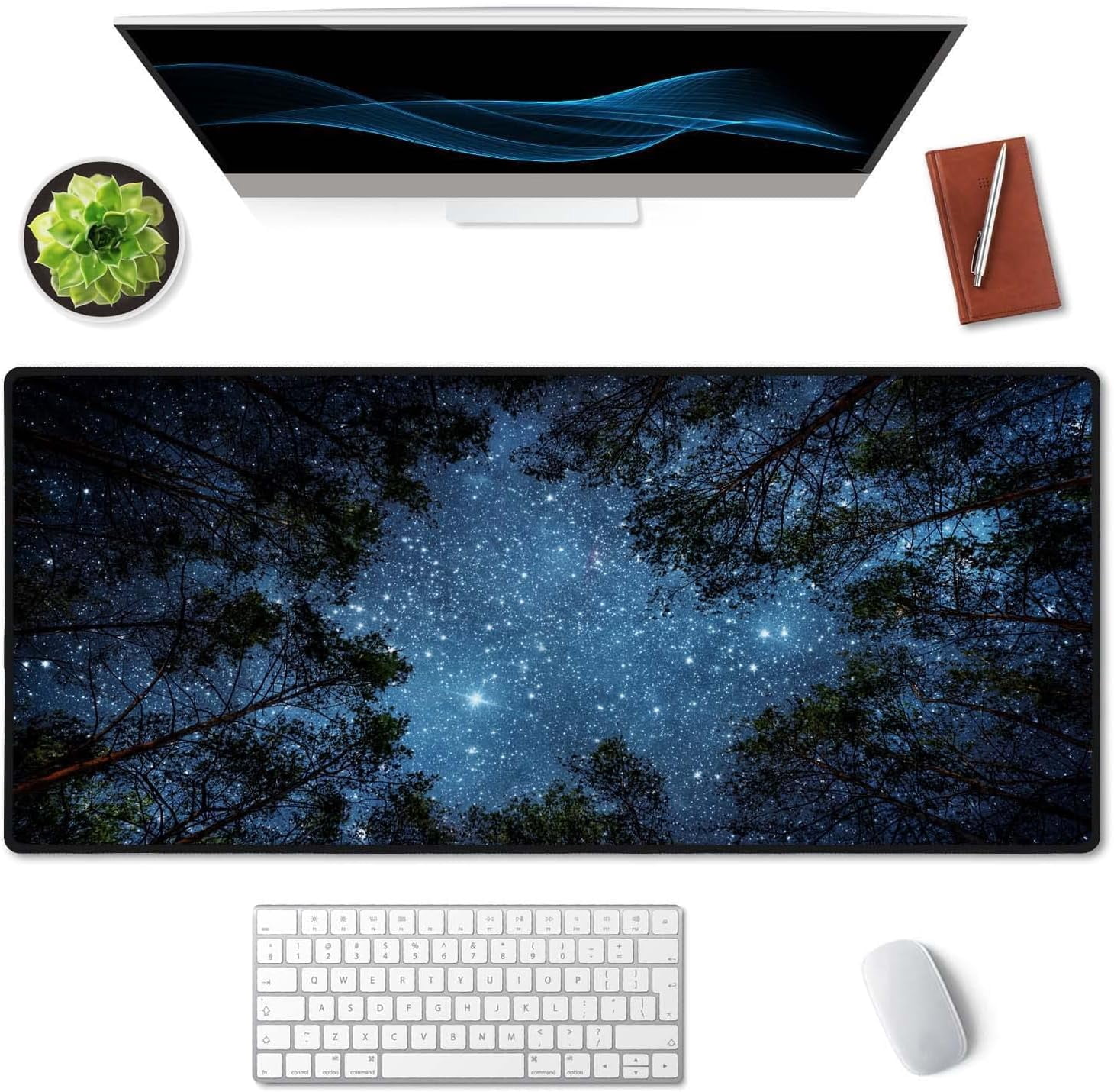 The Milky Way and The Trees Mouse Pad 35.4 x 15.7 Inch XXL Night Sky Full Desk Mousepad Extended Large Non-Slip Rubber Base Waterproof Big Keyboard Mat with Stitched Edges for Gaming and Office