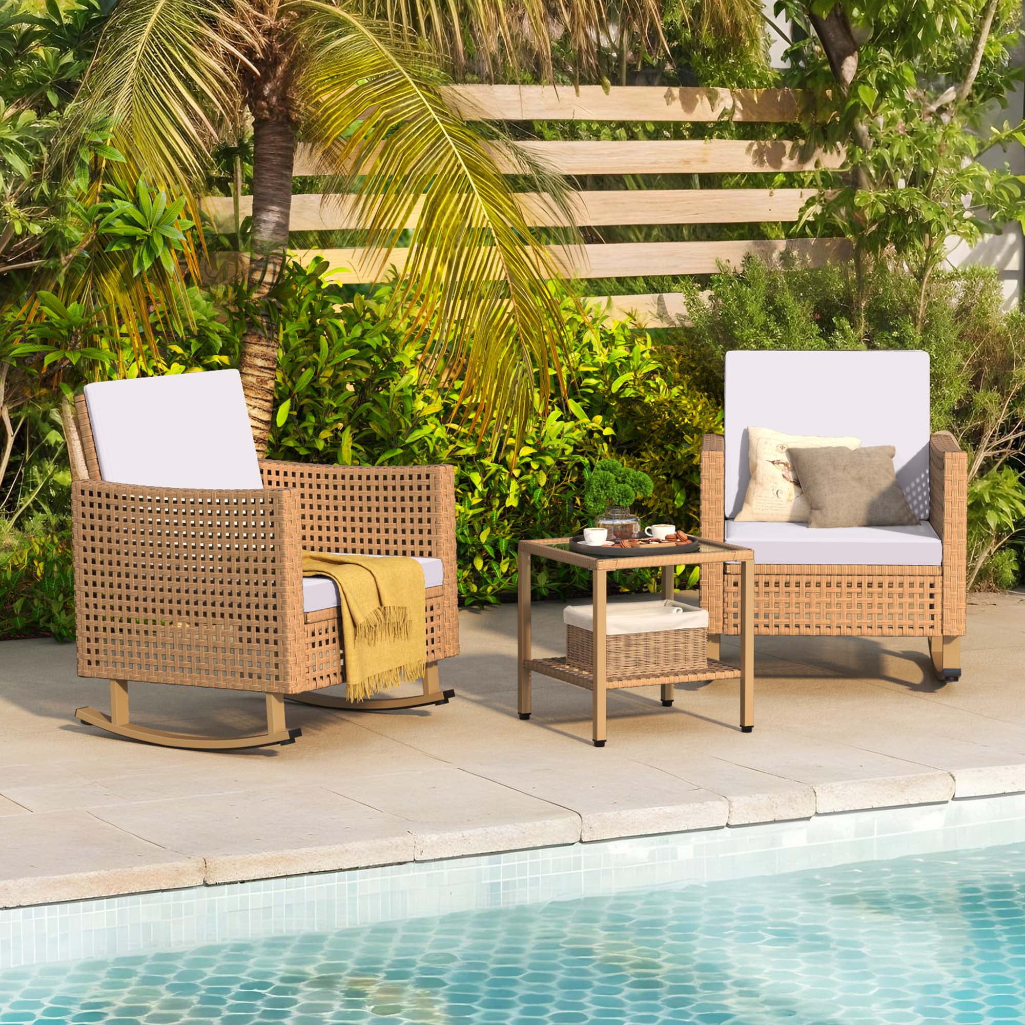 Uforic 3-Piece Outdoor Rocking Chairs, Wicker Patio Furniture with Thickened Cushions and Table for Porch (Brown)