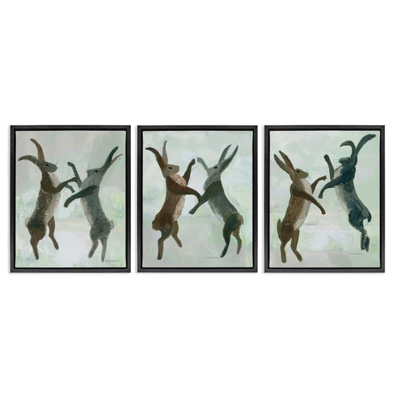 Stupell Industries Battling Hares in Neutral Tones Animals Painting Black Floater Framed Canvas Art Print Wall Art, 17 x 21, Set of 3