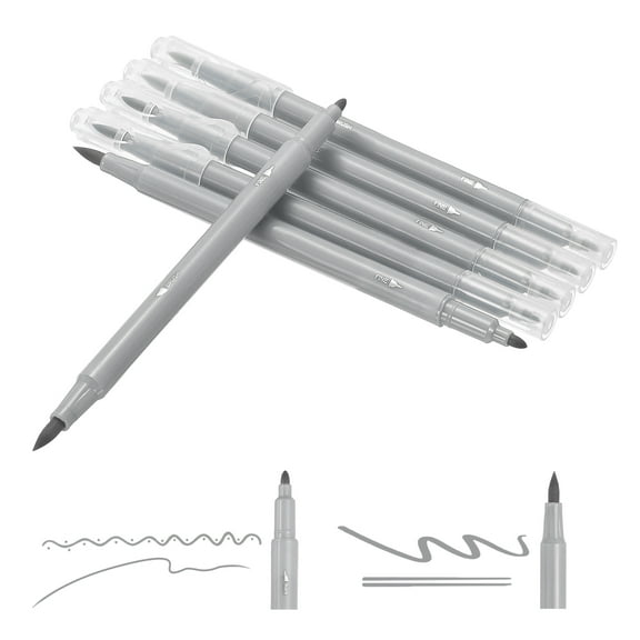 Uxcell Dual Brush Markers, Grey Fine and Brush Tip Pen for Coloring, 6 Pcs