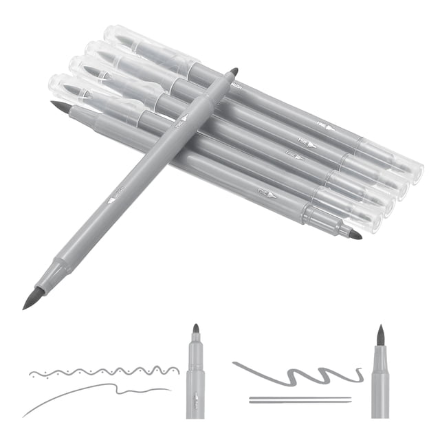 Uxcell Dual Brush Markers, Grey Fine and Brush Tip Pen for Coloring, 6Pcs