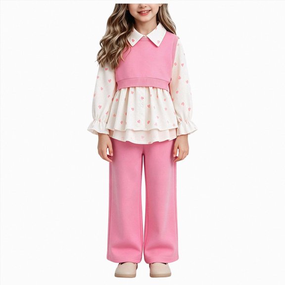 xaweyi Toddler Girls Layered Vest Collared Heart‑Print Top & Wide‑Leg Pants 2‑Piece Multi‑Color Outfit Set for Fall Winter Size 6-7 Years