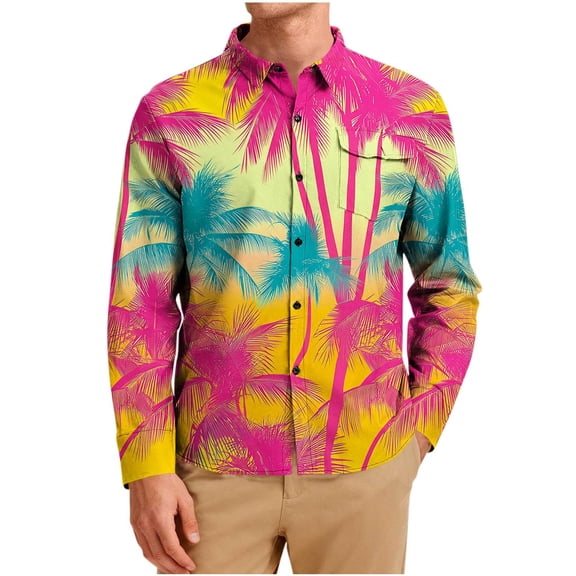 OGLCCG Men's Long Sleeve Hawaiian Shirts Loose Lapel Collar Button Down Shirts with Chest Pocket Casual Floral Printed Beach Wedding Shirts,M,Orange 2