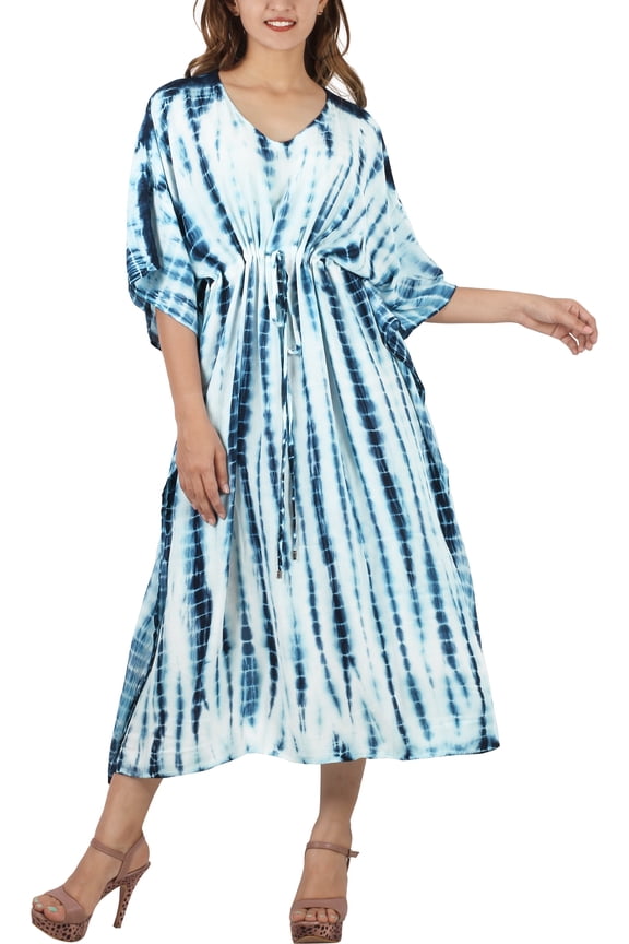 Women's Summer Loungewear African Beach Maxi Plus Size Kaftan Ethnic Print Casual Slit Dress Caftan Dresses for Women 1X-2X Prussian, Tie Dye