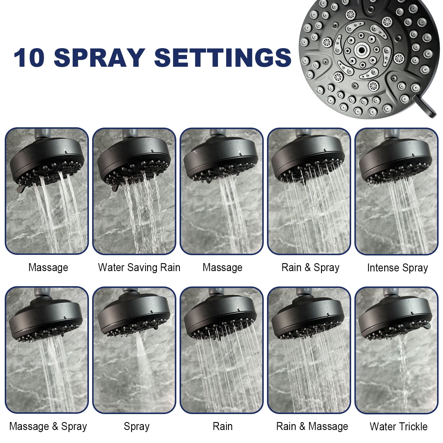Rain Shower Head High Pressure 10 Mode Spray Head 4.7In Fixed Bathroom Showerhead Adjustable Swivel Ball Joint ABS Silicone Nozzles Rust Resistant Easy Clean Modern Style Design For All Home Bathroom